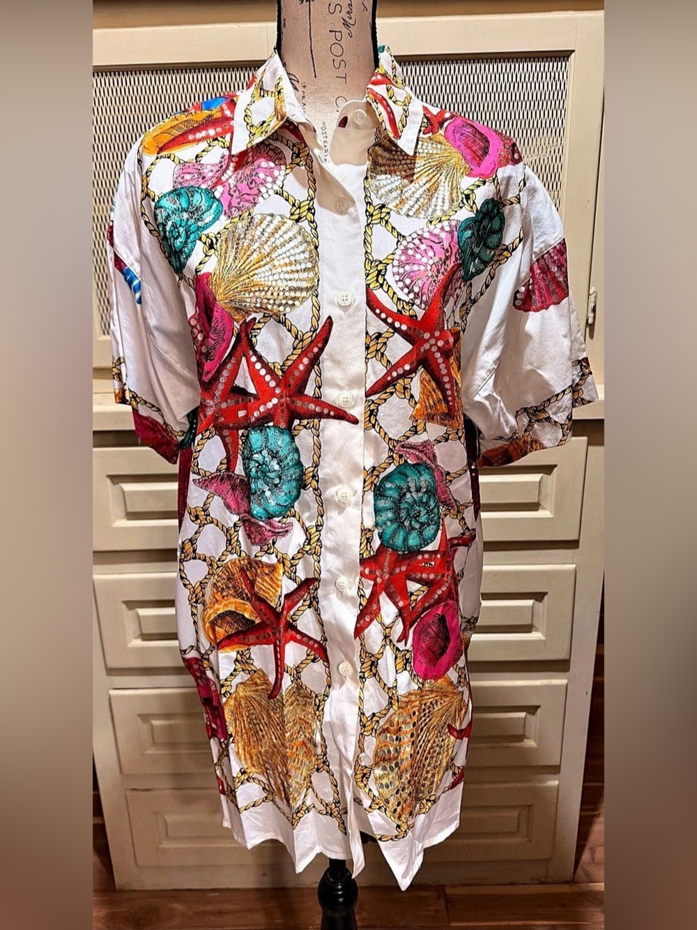 Vintage Gottex Cotton Blouse Medium Nautical Shell Starfish Versace Aesthetic